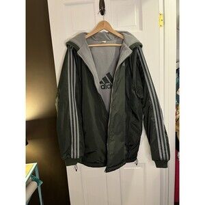 Vtg 90s Y2k Adidas Reversible Sweatshirt Lined Green Grey Heavyweight Jacket Lrg